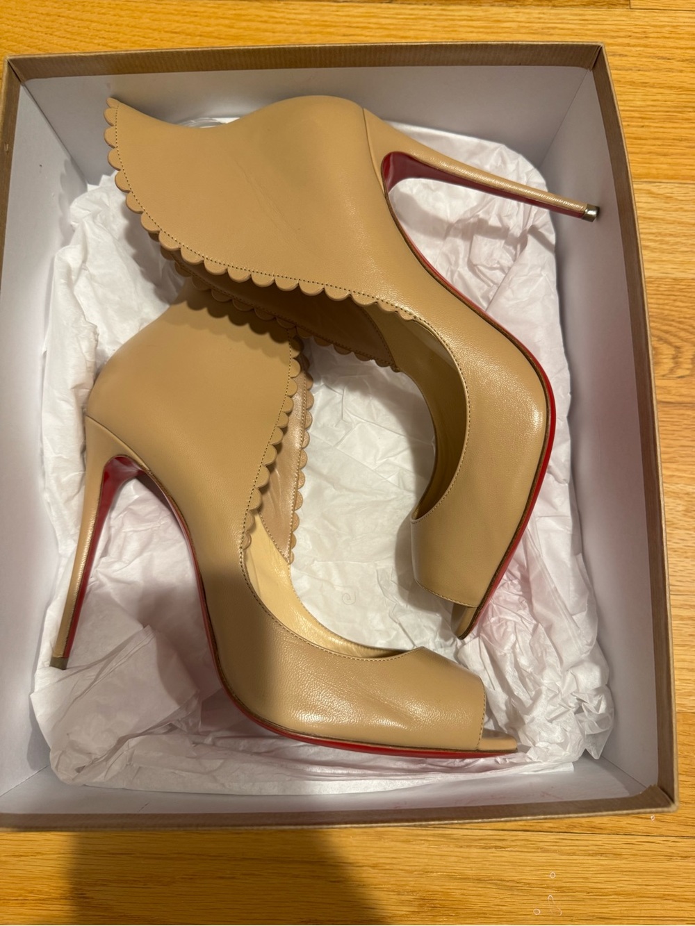 Christian Louboutin Beige Scalloped Peep-Toe Stiletto Heels